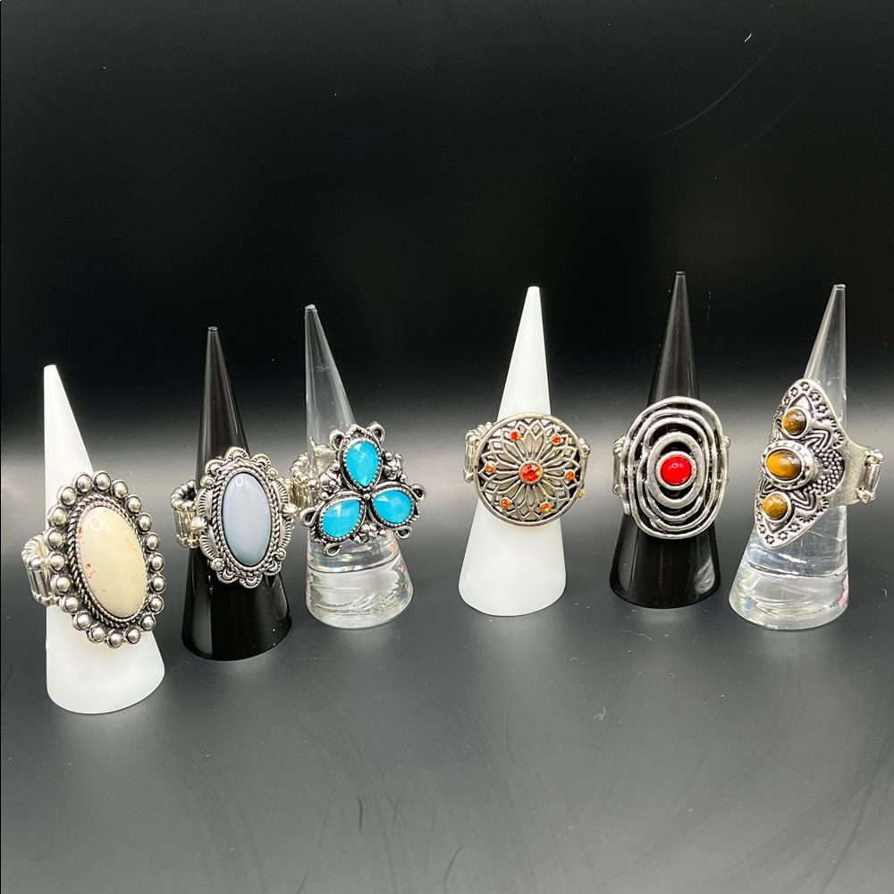 6 Stretchy Boho Turquoise & Multicolor Stone Women's Ring Set